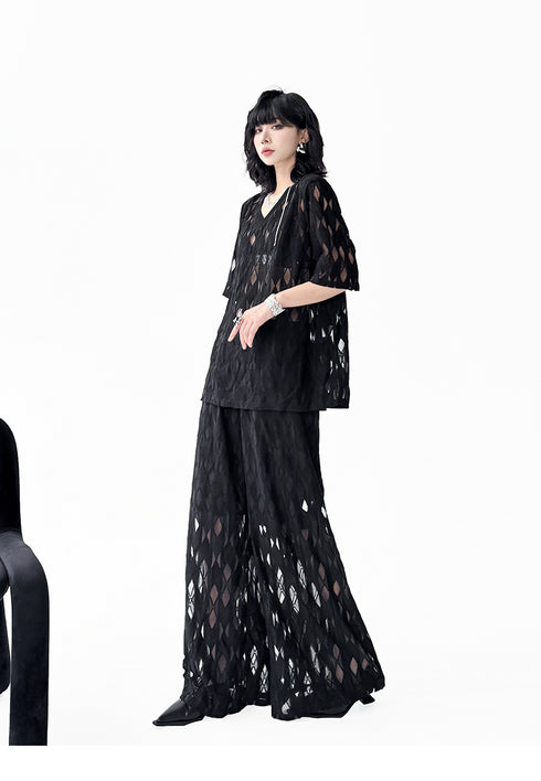Mesh Diamond Pattern Tops & Pants Co-ord